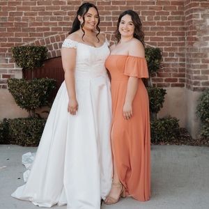Peach off the shoulder brides maid dress